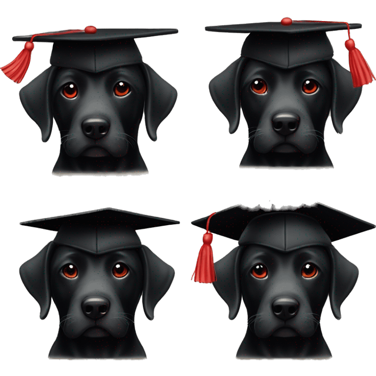 black lab with a novelty red headband with 2 small red graduation caps attached to it emoji