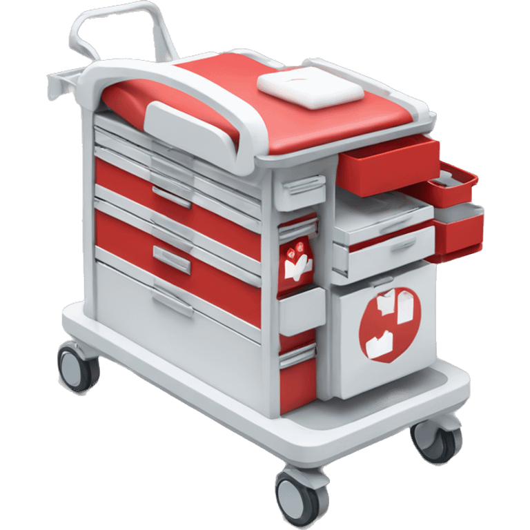 Singular Red medical crash cart is a mobile, multi-drawer unit designed to store and organize emergency medical supplies and equipment and a cardiac defibrillator on top emoji