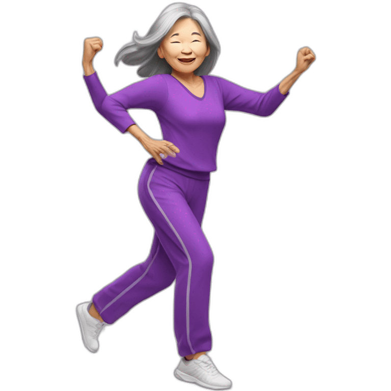 long hair Asian senior woman with bang in purple outfit dancing Zumba emoji