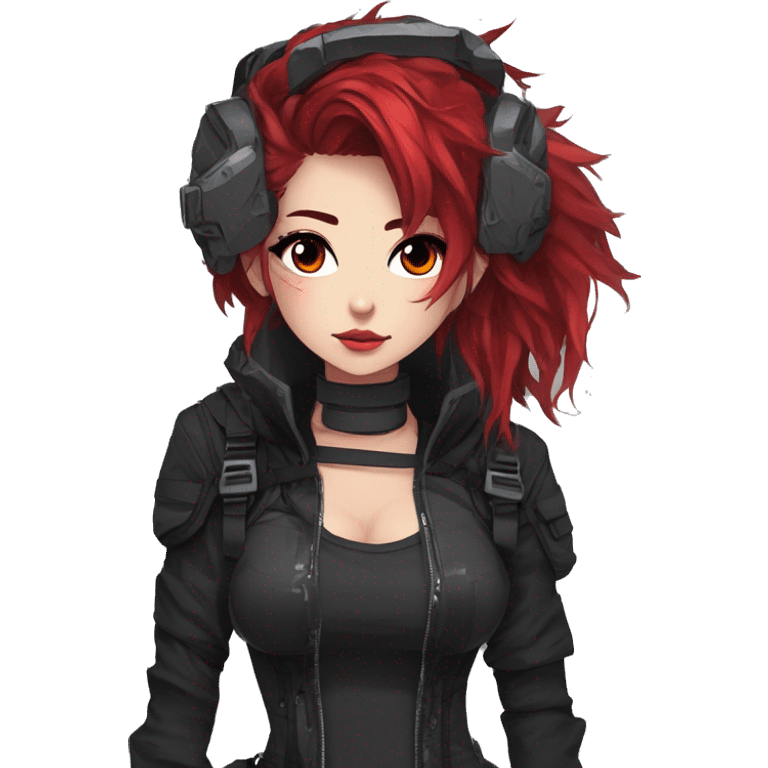 Gorgeous techwear anime style lady with blushing face aesthetic and pretty edgy black red punk messy hair and collar and harness trending style emoji