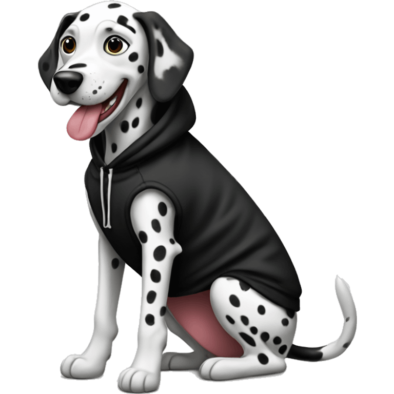 Dalmatian wearing a black hoodie with a tongue out emoji