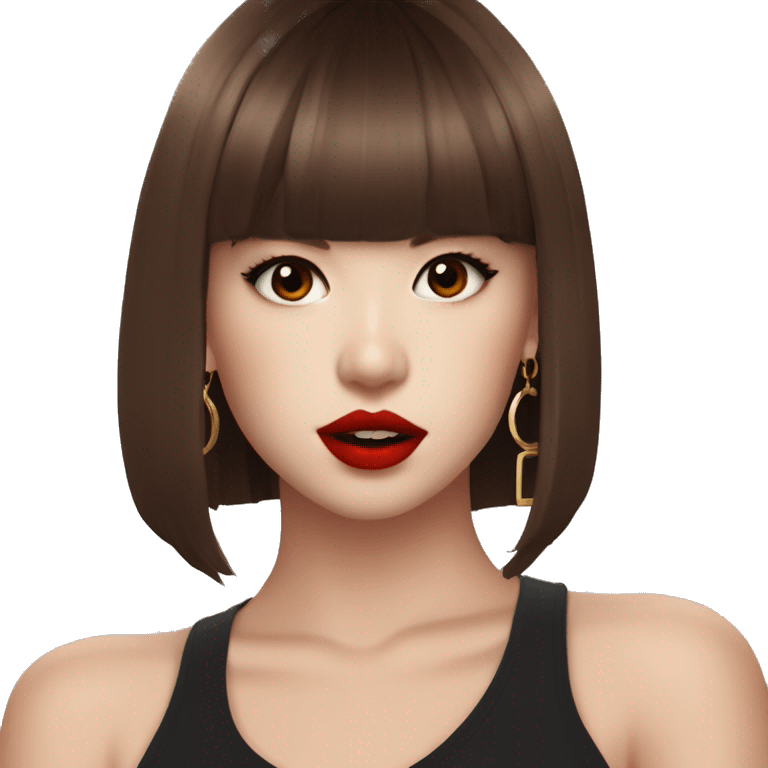 pretty girl with Lalisa Style hair during Rockstar MV, brown eyes, red lips, dark chocolate brown hair, hoo earrings emoji