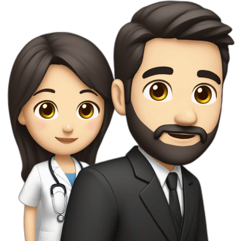 husband american age 50 dark brown hair trimmed beard wearing dark business suit holding bible together, wife asian age 50 black hair wearing nurse uniform, no children emoji