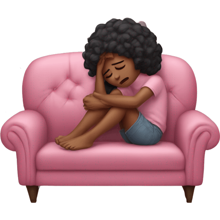 sad girl crying on the cozy pink couch  emoji