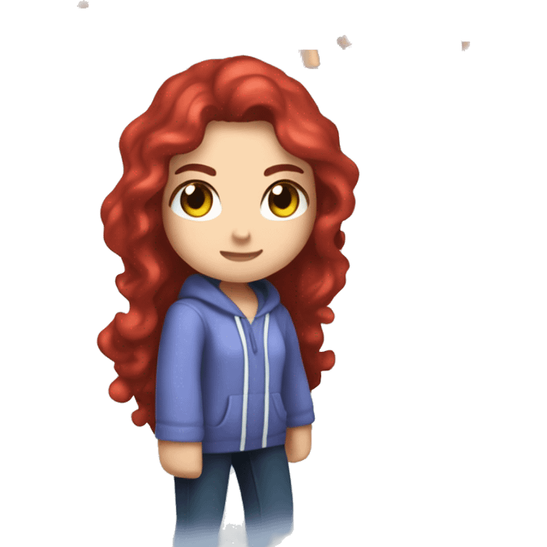 a white girl with long red curly hair, wearing periwinkle Minecraft hoodie playing a videogame emoji