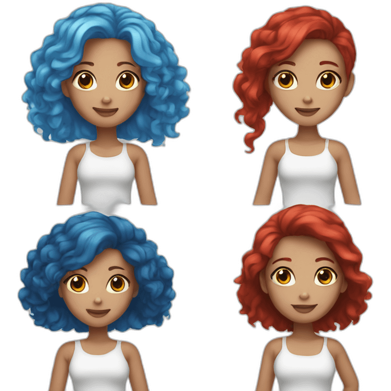 Two girls one with blue hair white skin other with red hair light brown skin emoji