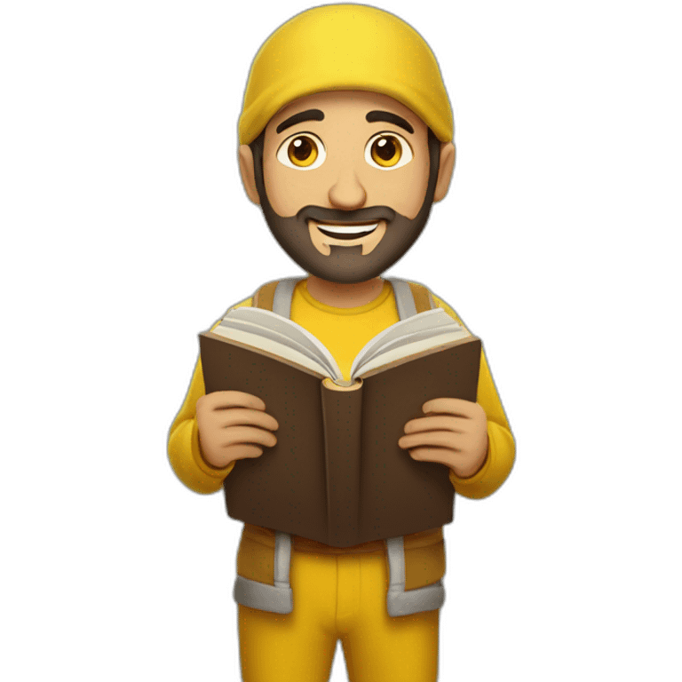 Armenian men with the yellow clothes reading book and looking at camera and smiling  emoji