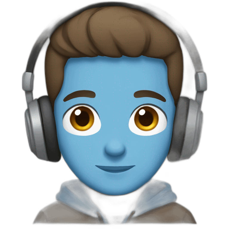 male, brown hair, brown eyes, headphones, blue hoodie, straight face emoji