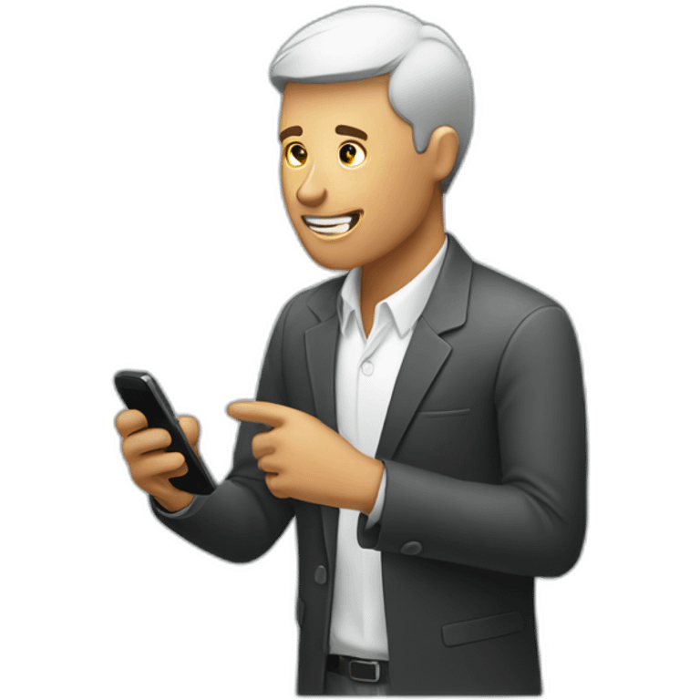 A man talks to his mobile phone sideways emoji