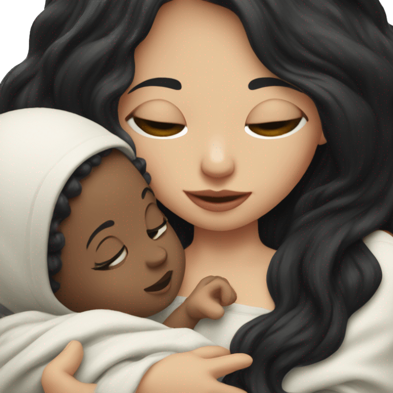 Pale girl with long black hair is holding a newborn baby emoji