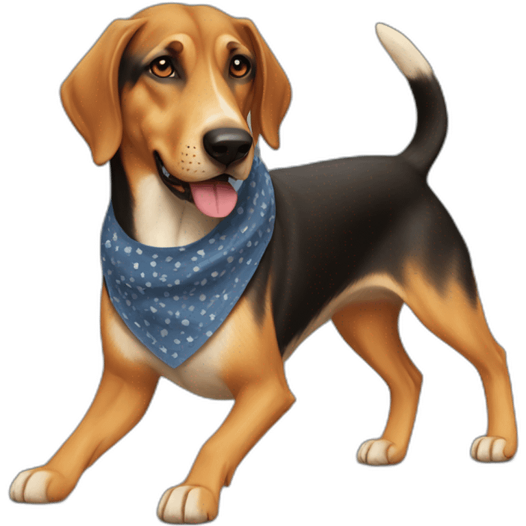 coonhound and German shepherd mix dog wearing bandana and walking emoji