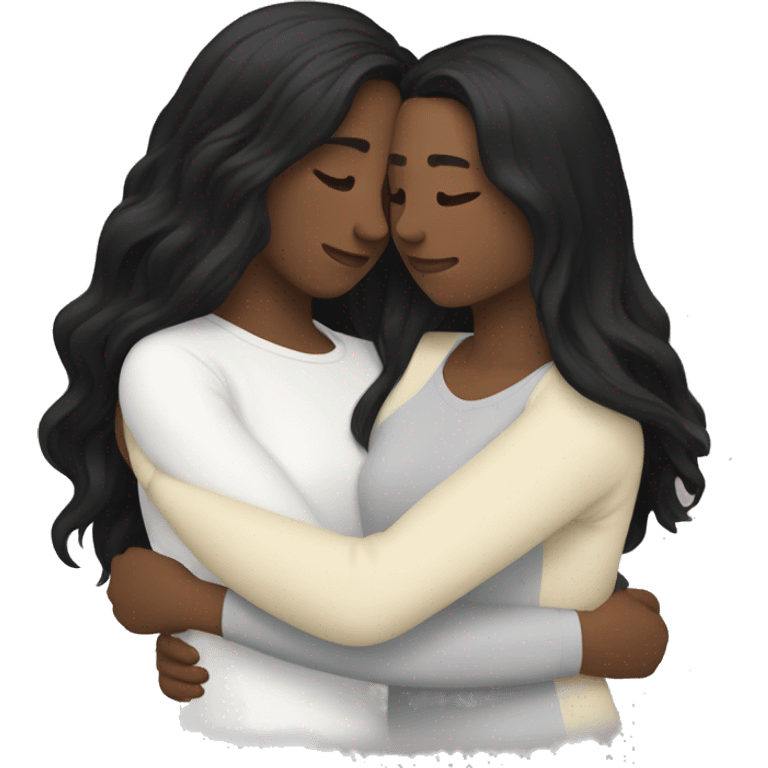 A lesbian couple who both have white skin and long black hair are hugging intimately. emoji