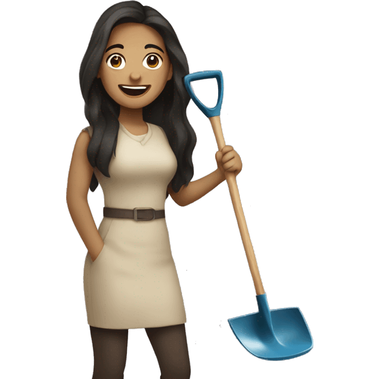 Beige Women with long dark hair holding shovel smiling  emoji