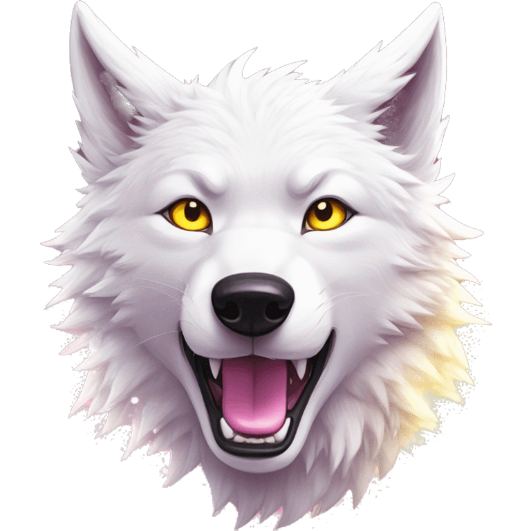 Sparkling crazy white aggressive wolf dancing snow mad eyes illustration doodle high contrast lightning bolt halo sun beams white pink yellow red party sparkle glitter emoji