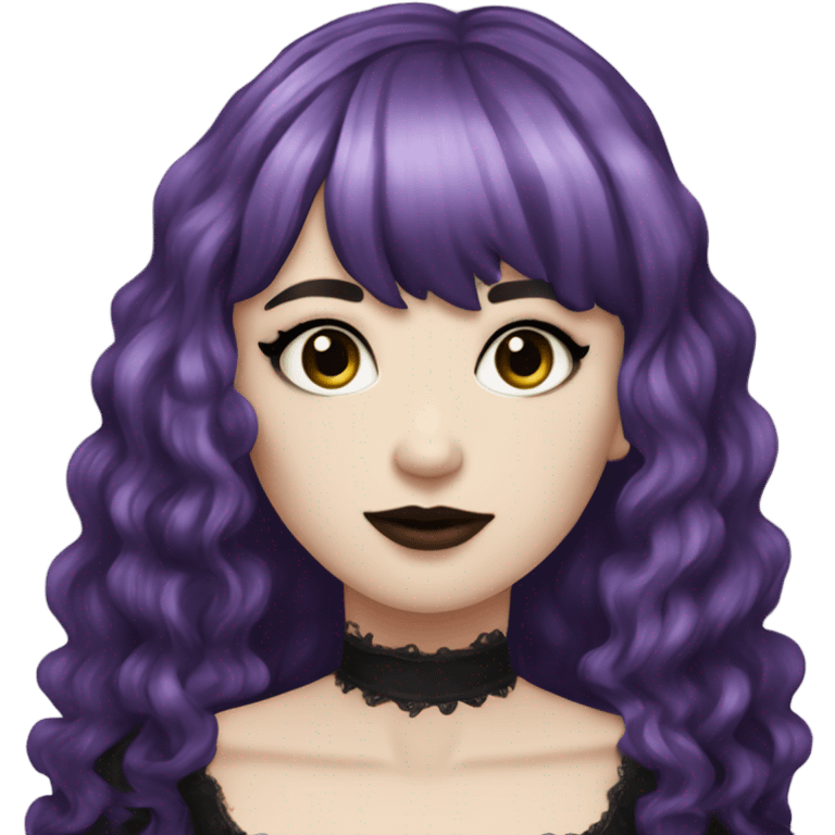 one single alt women, purple hair, wavy hair, medium hair, short bangs, dark makeup, gothic detailed dress, white skin  emoji