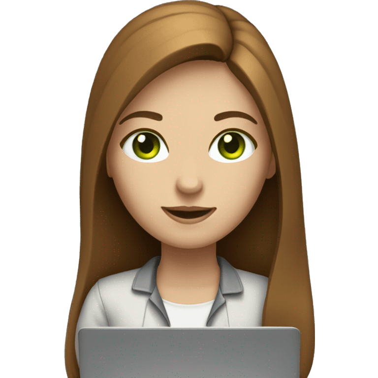 Female coder featuring a laptop. Shee has long brown hair, green eyes, white skin. emoji