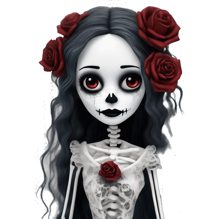 hyper realism, full height skeleton, tim burton "corpse bride", thin porcelain doll with a cracked face, goth makeup watery eyes, long hair, lace and ruffles, lolita style, inked, black and white, red roses emoji