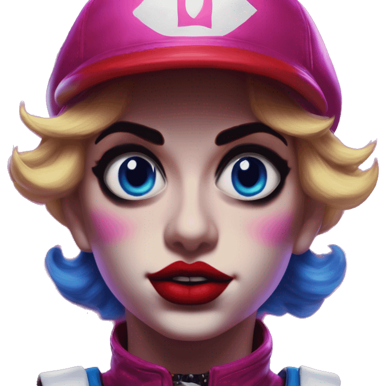 Synthwave Mario in Harley Quinn style, oil paint, mysterious eyes, intricate lips, masterpiece portrait, odd perspective, beautiful, desirable, logical emoji