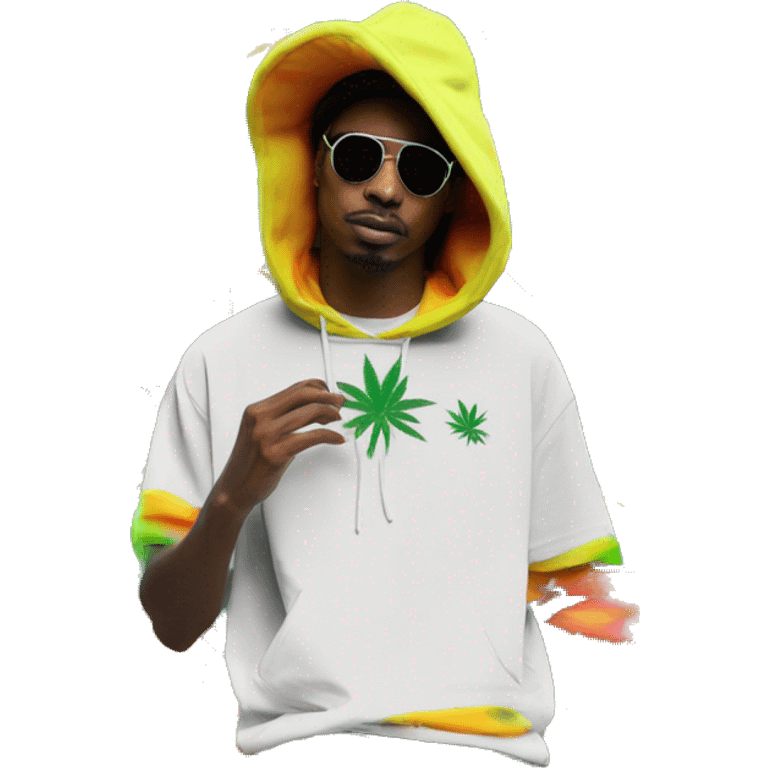 Hemp leaves Multicoloured neon person smoking wearing hoodie dancing hip hop bucket hat tropical Skater fashion aesthetic baggy clothes graphic t shirt 420 emoji