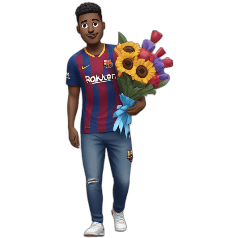 fc Barcelona fan holdings bouquet on his back emoji