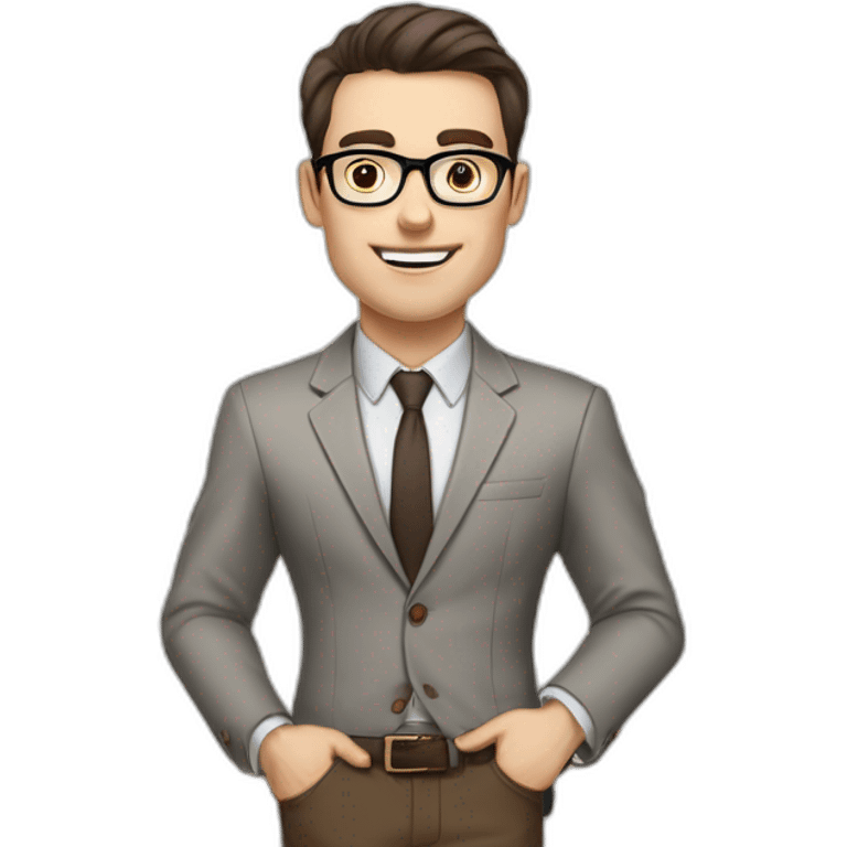 Pale skinned fit man with dark brown hair in gray jacket, beige office shirt, brown tie, brown pants and vintage glasses Writing on the flipchart emoji