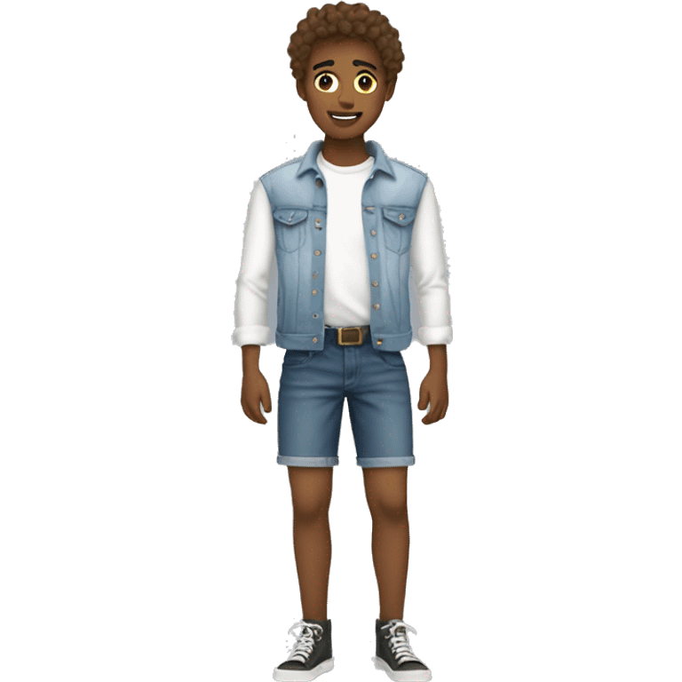 Teen boy with jorts and white shirt wawing emoji