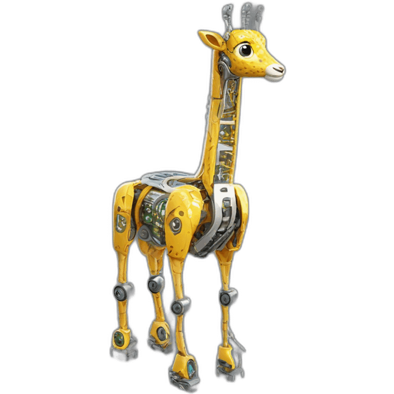 Una girafa robotica con patrones de circuitos brillantes en su piel, piernas con juntas móviles y piezas de metal relucientes emoji