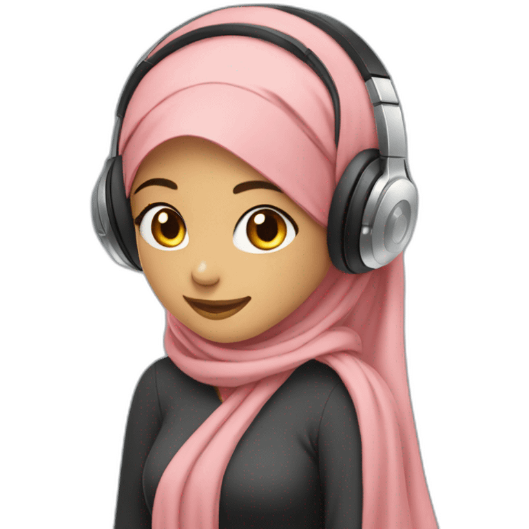 hijab girl holding the headphones on her head and listening to music and smile happy emoji