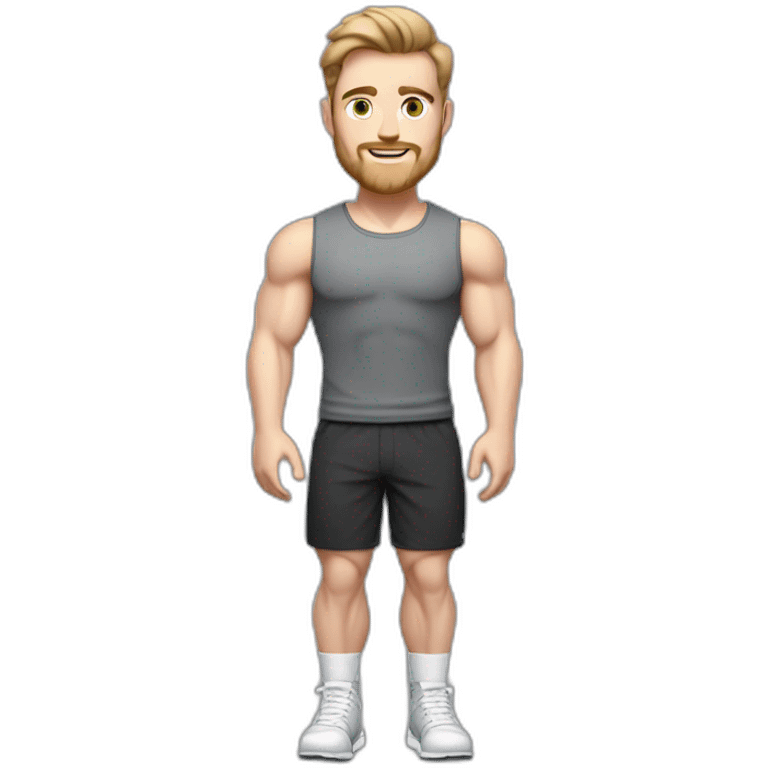 Full height Pale skinned fit man With biceps, Realistic eyes and mouth, light brown hair and stubble In dark gray sleeveless mike, black oversize sports shorts, watch and white sneakers. emoji