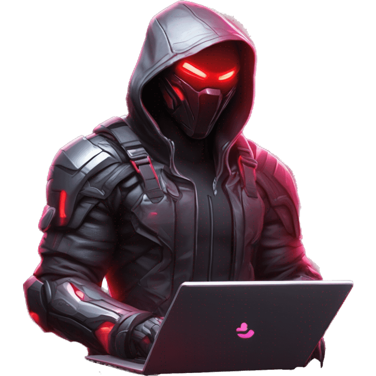 developer behind his laptop with this style : crysis Cyberpunk Riot Games Valorant neon glowing bright red character red dark black hooded assassin themed character emoji