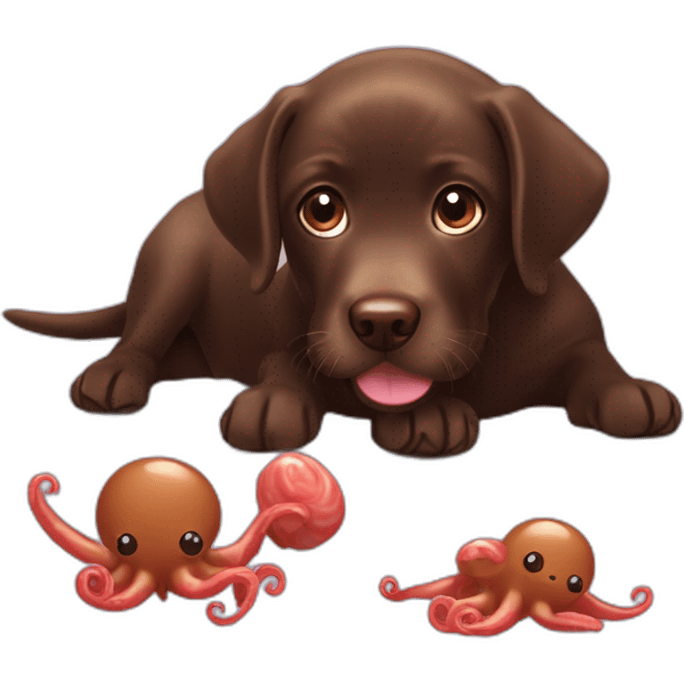 Chocolate labrador playing with cute octupus emoji