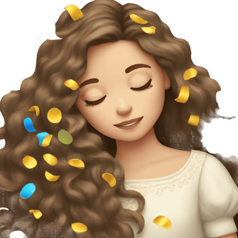 Sleeping little girl with long brown hair and confetti in her hair  emoji