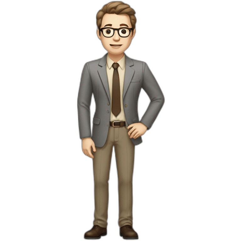 Full height Actively Gesturing Pale skinned fit man with dark brown hair in gray jacket, beige office shirt, brown tie, brown pants and vintage glasses. emoji