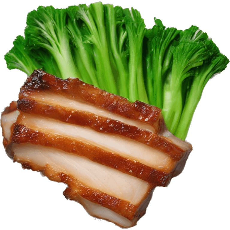 Crispy pork belly on oyster sauce with green vegetable emoji