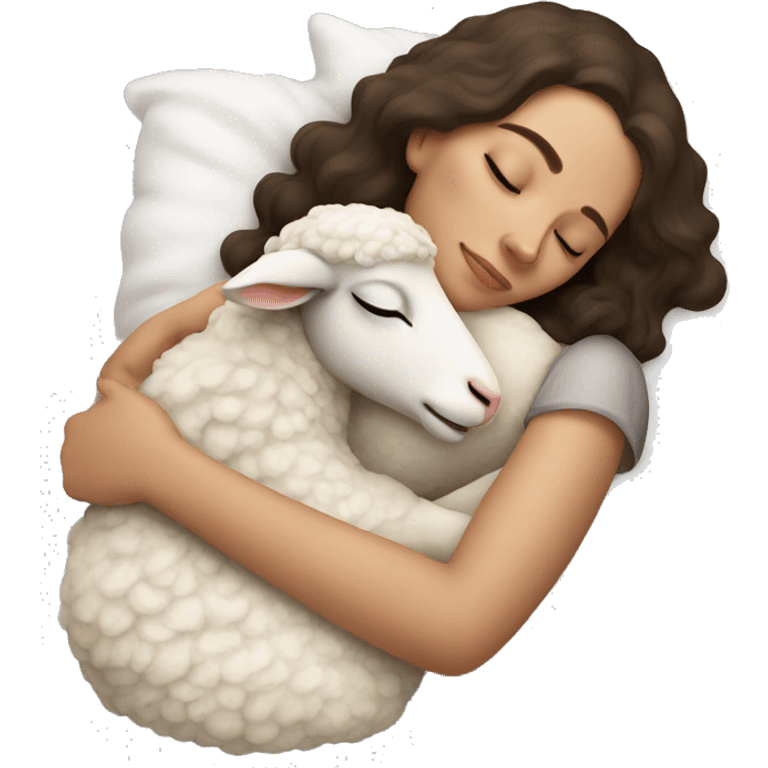 white brunette sleeping woman cuddling with lamb emoji