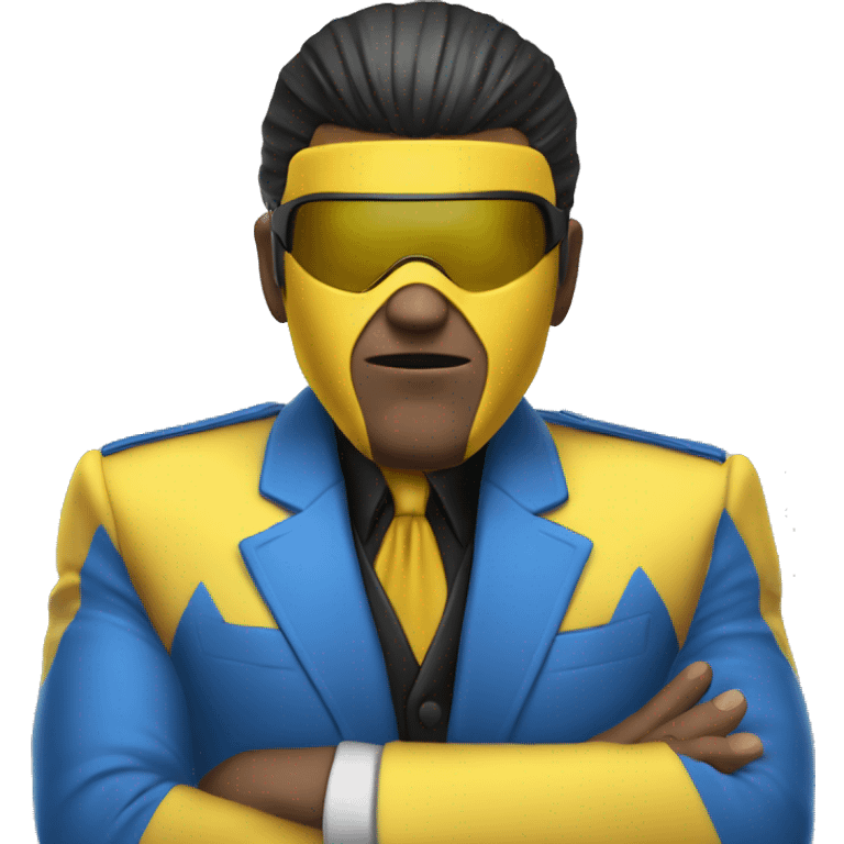 Invincible wearing a yellow and blue suit with black accents. He should have a distinctive yellow visor-style mask covering his eyes, shot black hair. emoji