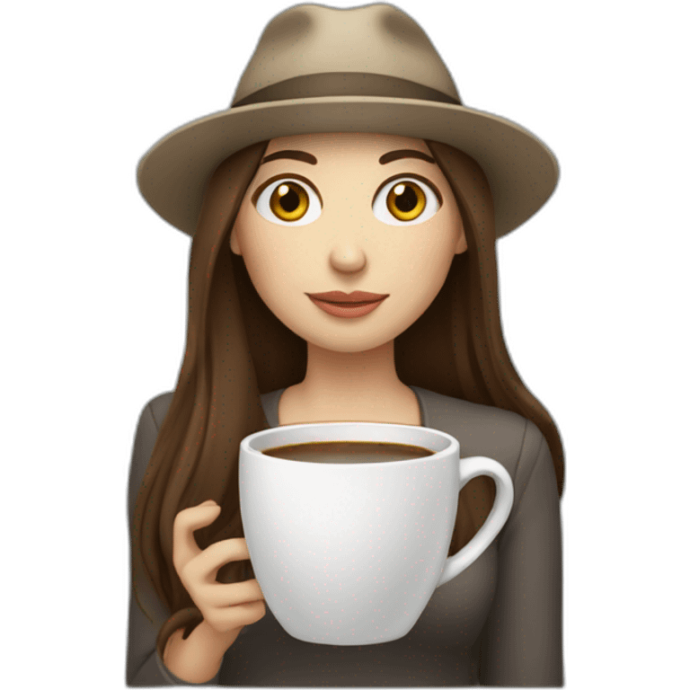 woman with long straight brown hair and pale skin and wearing a laptop hat and drinking coffee emoji