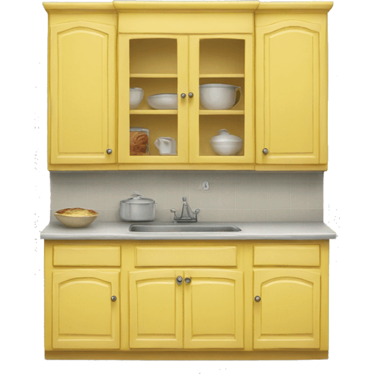 Realistic front facing yellow kitchen counter and cabinet. emoji