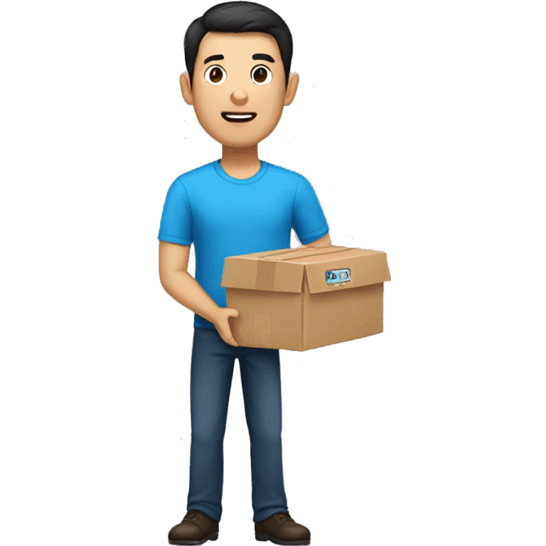 china man in blue shirt, dark hair, and holding a shipping box emoji