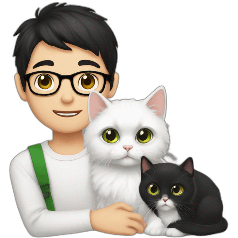 Boy with green eyes, black short hair, white skin, with glasses, hold Persian cat orange emoji