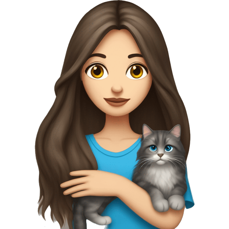 long straight haired blue eyed brunette woman holding norwegian forest cat with amber eyes emoji