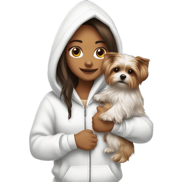 A brunette girl with long hair in white fur headphones in a white hoodie holds a Yorkshire terrier puppy in her arms emoji