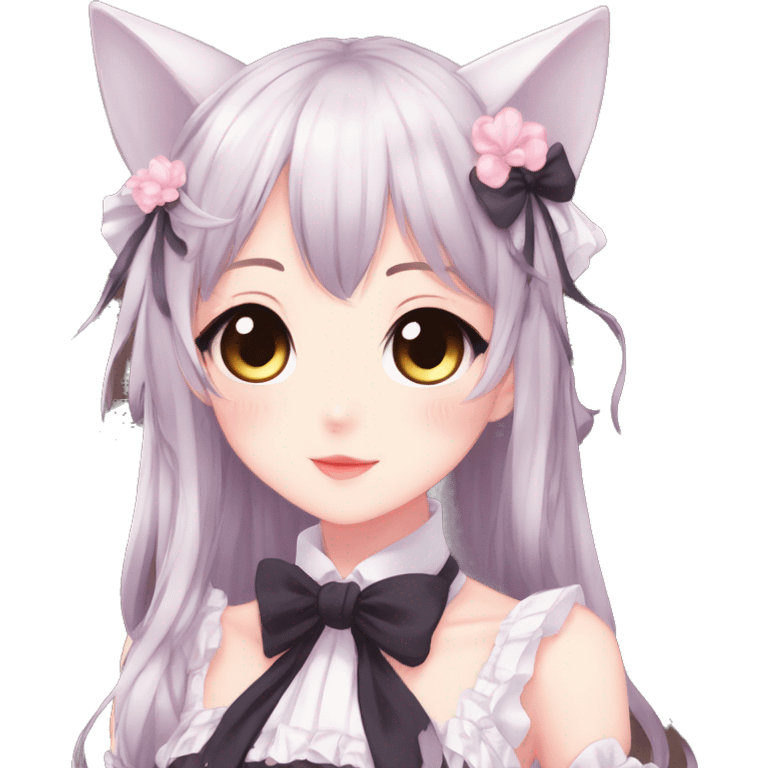 Gorgeous anime style catgirl with blushing face with maid outfit bow tie idol model kawaiicore pearly petite simplistic aesthetic trending style emoji