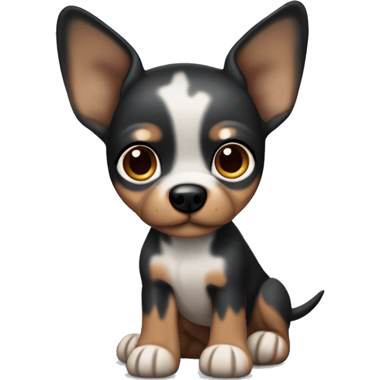 Cute Toy terrier, dark merle color (black, caramel and grey color, grey are spots) with big ears. One why is dark brown, the other one is half dark brown half blue emoji