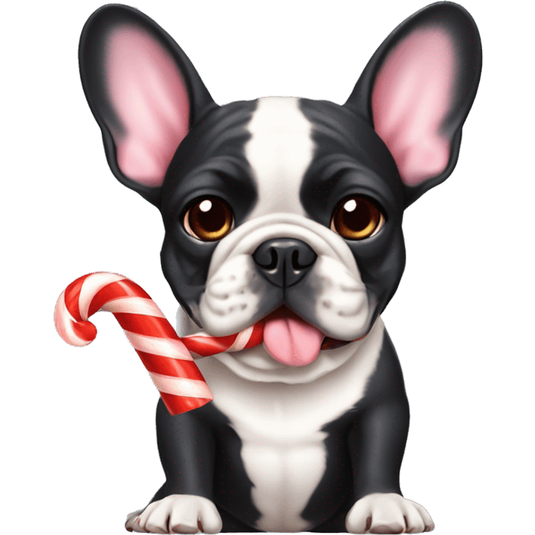 A french Bulldog With a candycane in ist moutch emoji