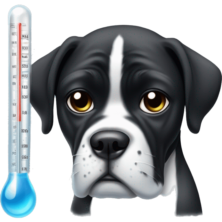 black boxer dog with some white on face making sad eyes with an ice pack on top of her head and mercury thermometer in her mouth emoji