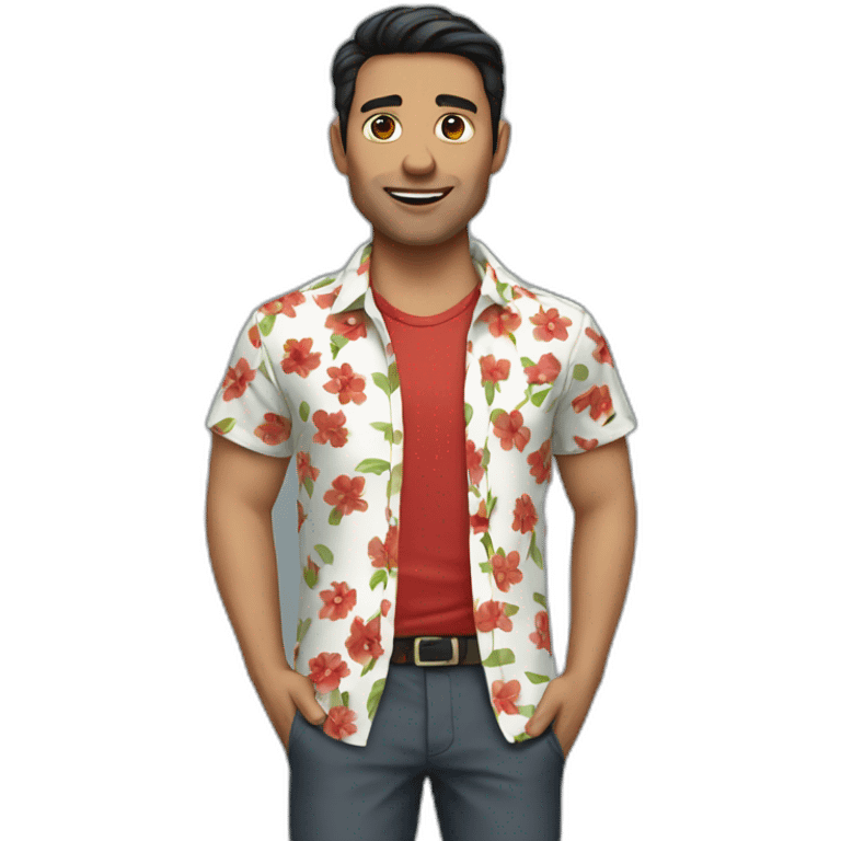 white man with a flower shirt with a red pant and dark hair emoji