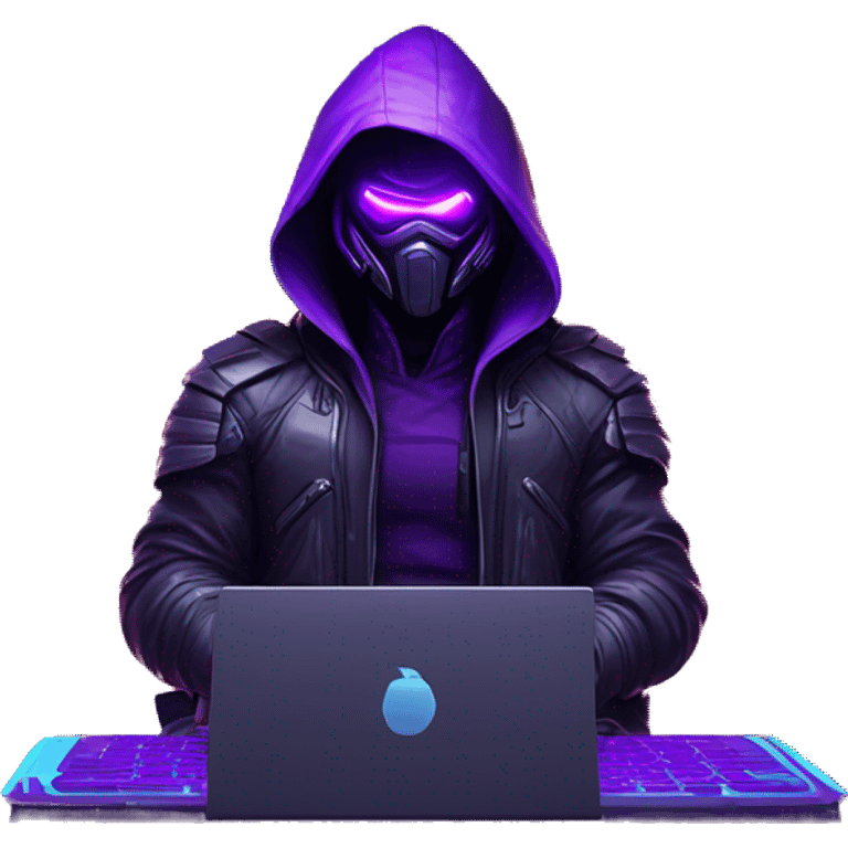 developer behind his laptop with this style : crysis Cyberpunk Valorant neon glowing bright purple character purple violet black hooded assassin themed character emoji