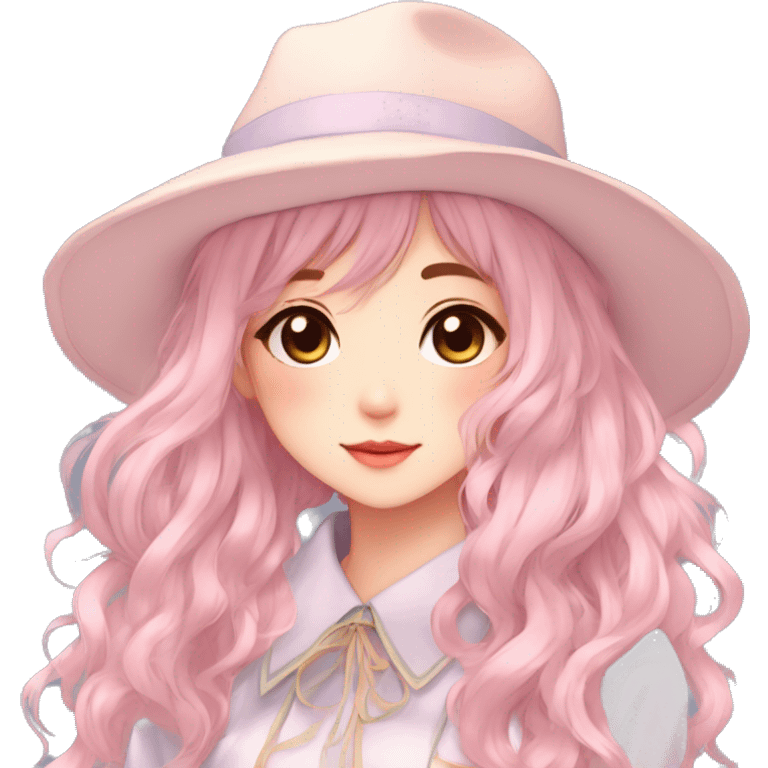 Gorgeous pastel anime girl with blushing face and hair garnitures and pretty hair and a hat aesthetic trending style emoji