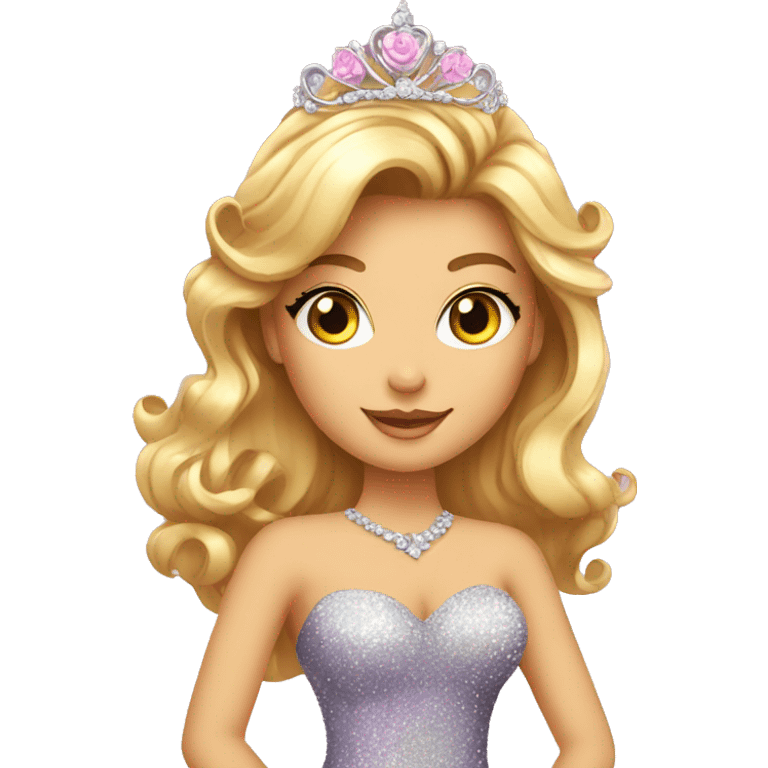 Gorgeous Lady in a sparkly shiny dress with tiara and necklace and flowers emoji